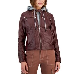 Juniors' Jou Jou  Faux-Leather Hooded Moto Jacket Medium NWT